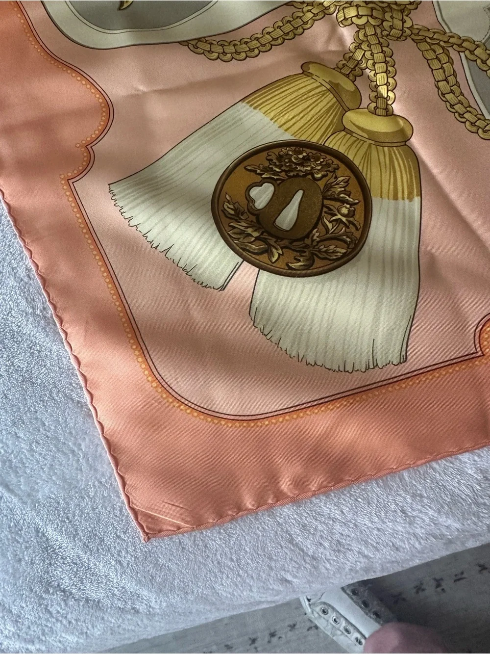 Hermes Peach and Gold Silk Scarf with Ornate Dragon Panels - Picture 4 of 16